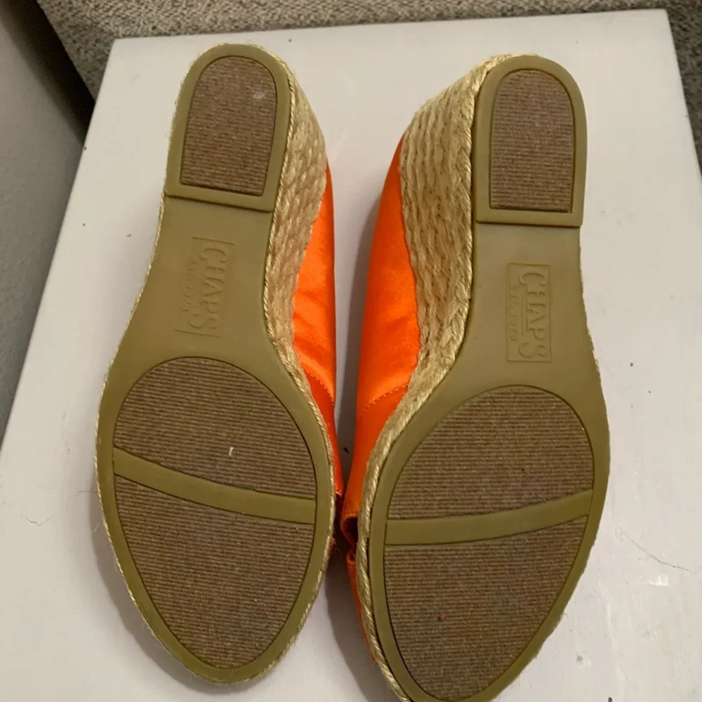 Ralph Lauren Chaps Espadrilles 6.5 Orange Sheen Wedges Stacked Heels
